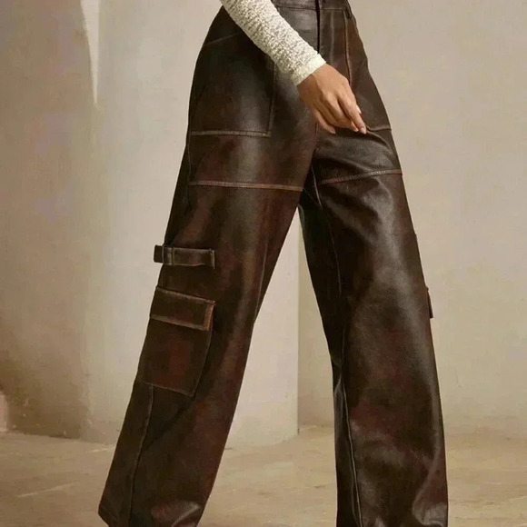 Coffee Brown Casual Women's Merlot Vintage Distressed Faux Cargo Pants - Picture 4 of 6